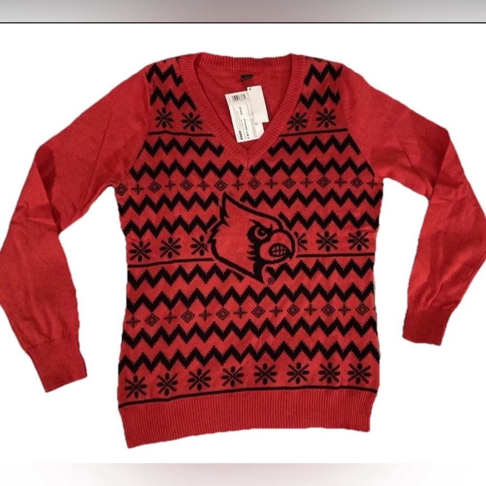 Louisville University Cardinals Women LARGE V-Neck Sweater Red Ugly Holiday FOCO
